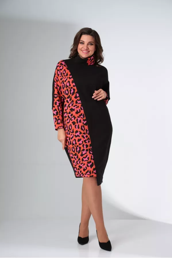 Платье LadisLine 1422 розовый леопард+черный